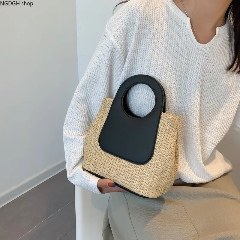 Round Top‑Handle Straw Tote Bag Contrast PU Leather Patch Woven Straw Handbag Mini Summer Beach Satchel Lightweight Portable Purse for Vacation Travel Daily Shopping