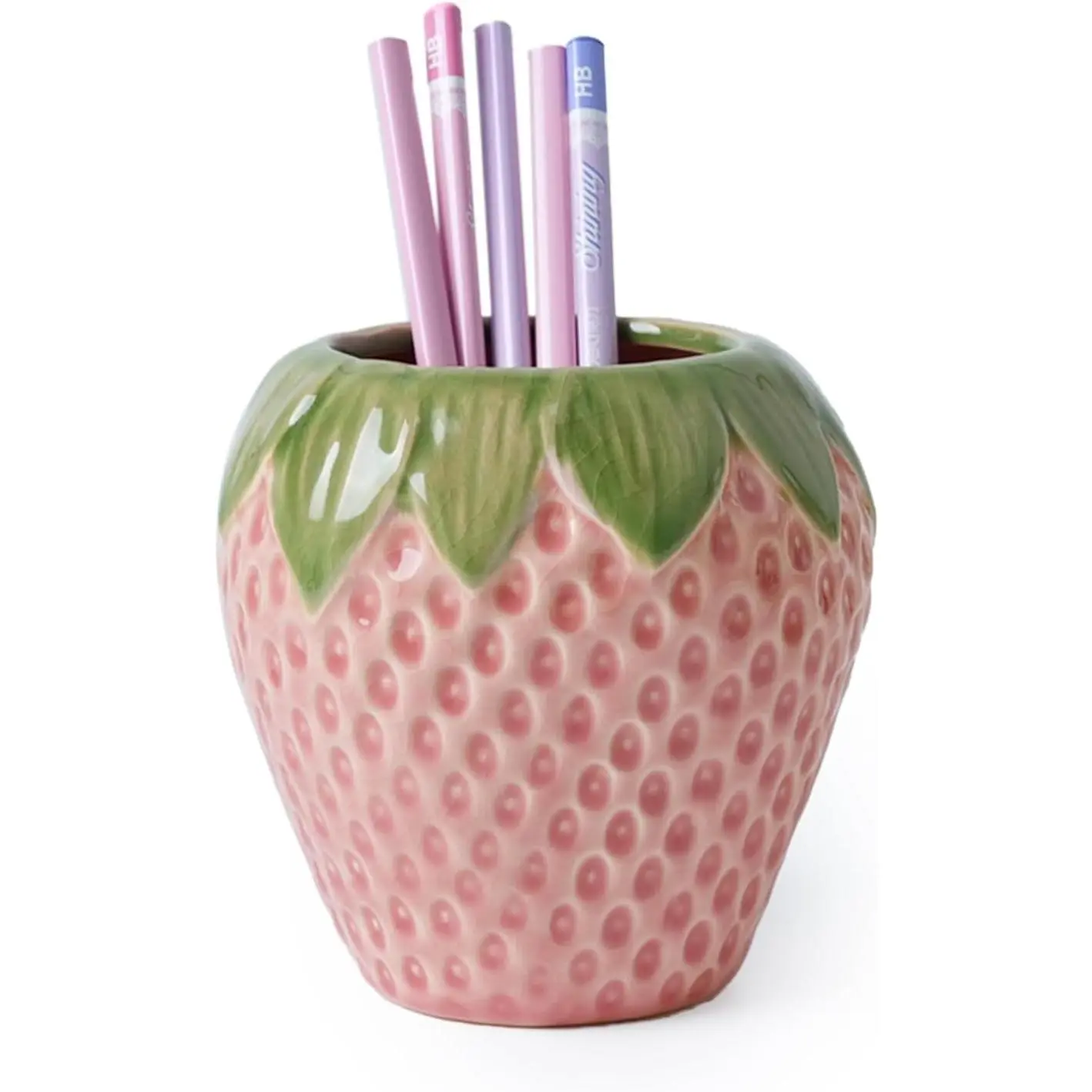 Strawberry Pencil Holder, Cute Pen Holder for Desk, Ceramic Pen Holder, Stand Makeup Brush Holder, for School, , Office Desk Decor()