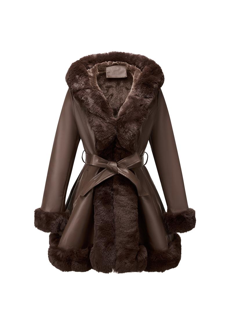 Women's Fall Winter PU Jacket, Long Sleeve Fitted Coat with Hood, Casual Warm Daily Wear, Detachable Belt Included