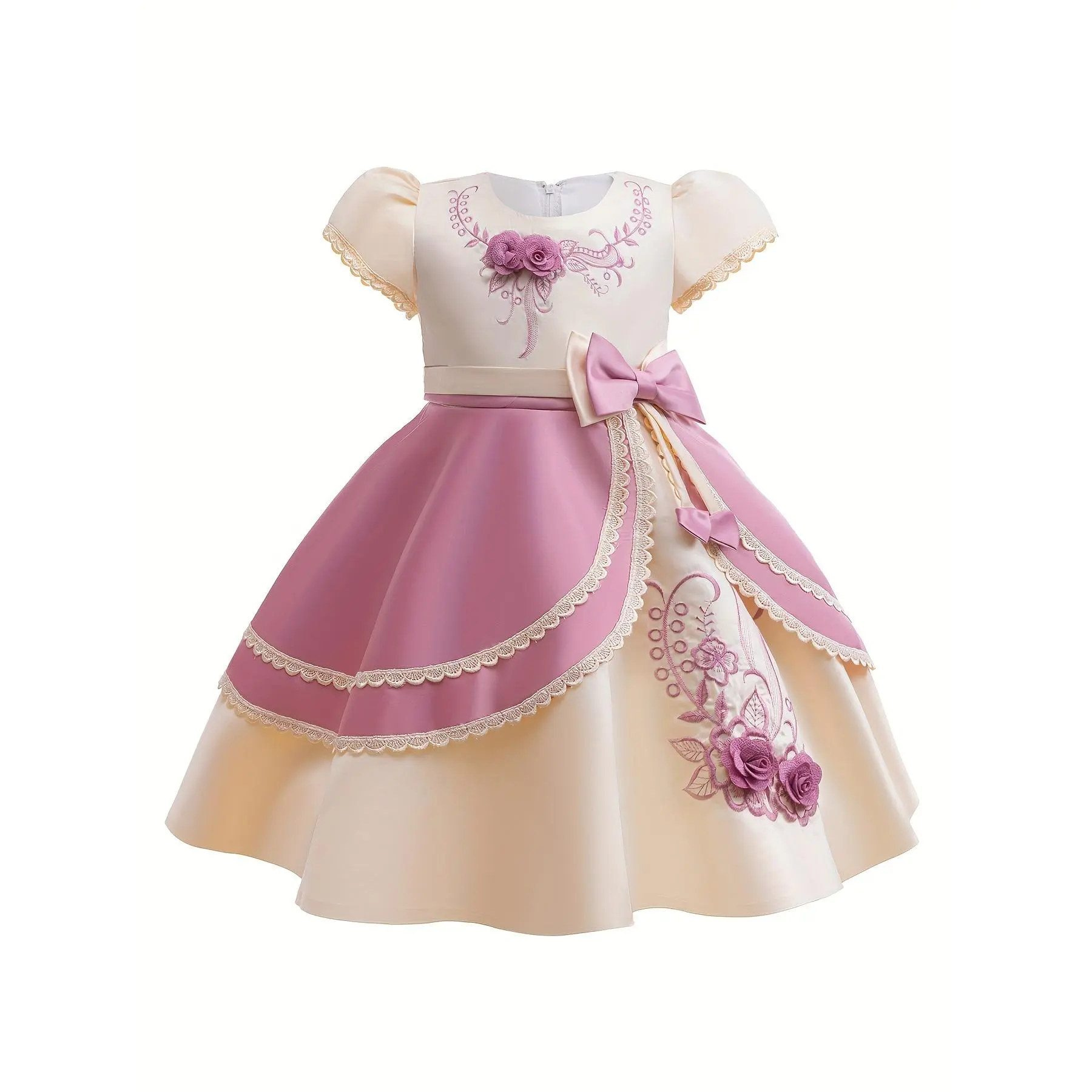 Girls' Princess Flower Embellished Dress with Puffy & - Stage Wedding Recital Dress, Hand Washable Non-Stretch Dress for Nutcracker Ballet Outfits (Year-Round Wear) -