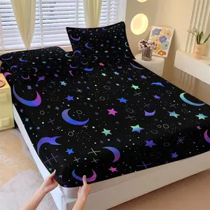 Gradient Iridescent Moon Star Black Fitted Sheet Set, 1 Fitted Sheet + 2 Pillowcases, Deep Pocket Non-Slip Mattress Protector, Soft Breathable All Season Bedding, Y2K Dreamy Galaxy Celestial Print For Teen Girls Dorm Bedroom Decor