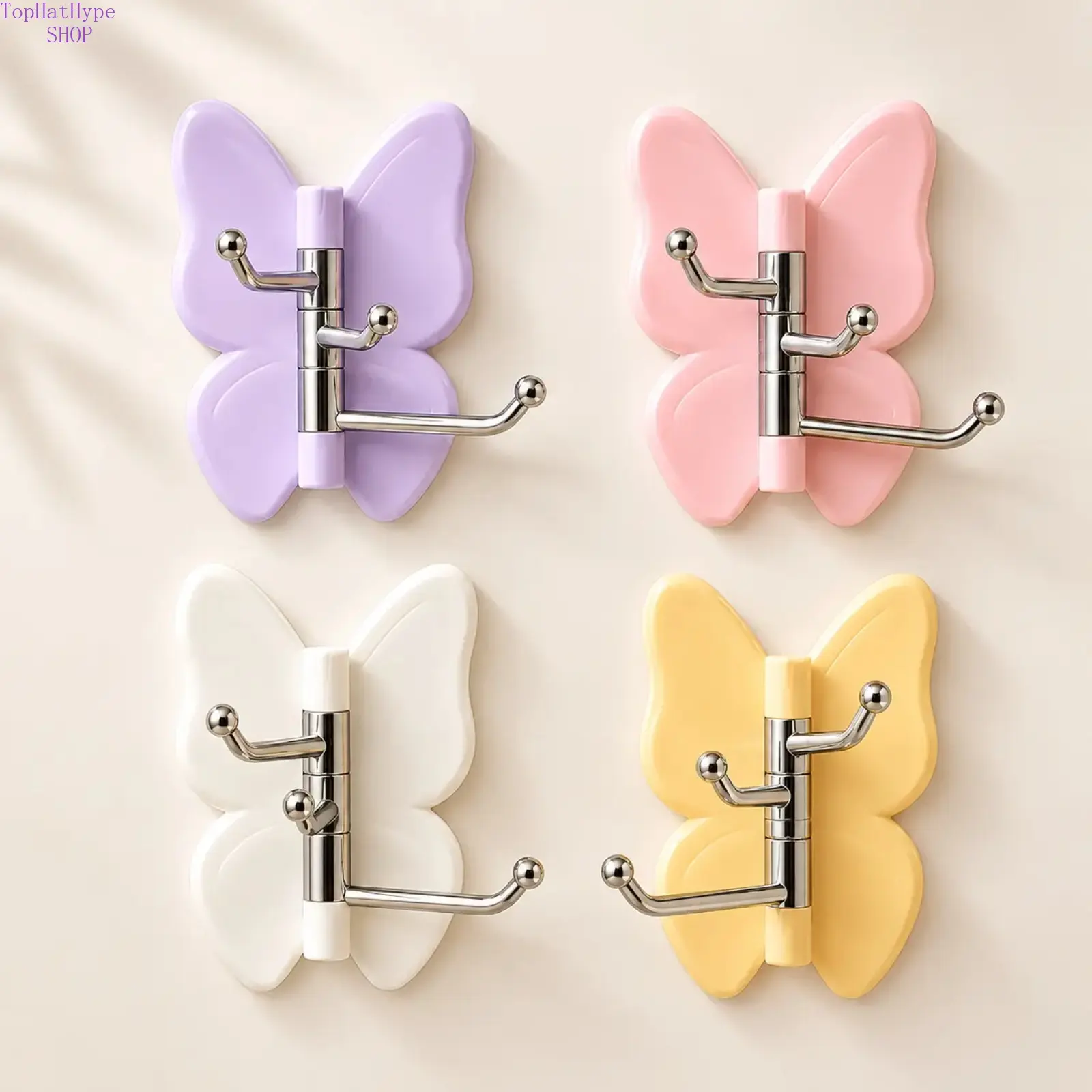 4-Pack Adjustable Rotating Butterfly Hooks, Strong Adhesive Drill-Free Home Organizer Hooks - Easy Wall Installation, for Kitchen Towels, Bags, Hats