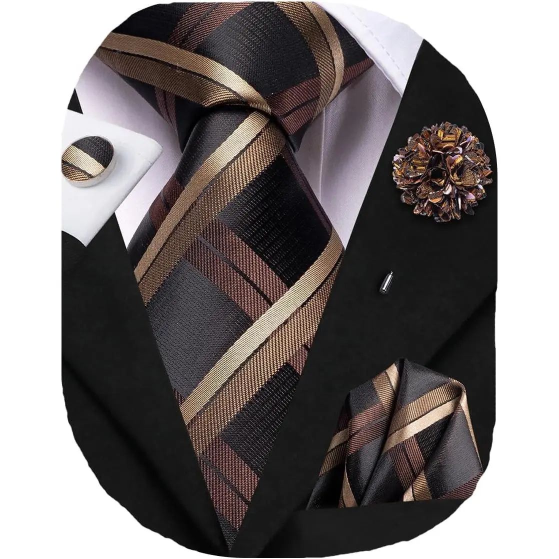 Men's Silk Striped Woven Necktie Set with Lapel Pin, Pocket Square & Cufflinks for Wedding Party(Gift)