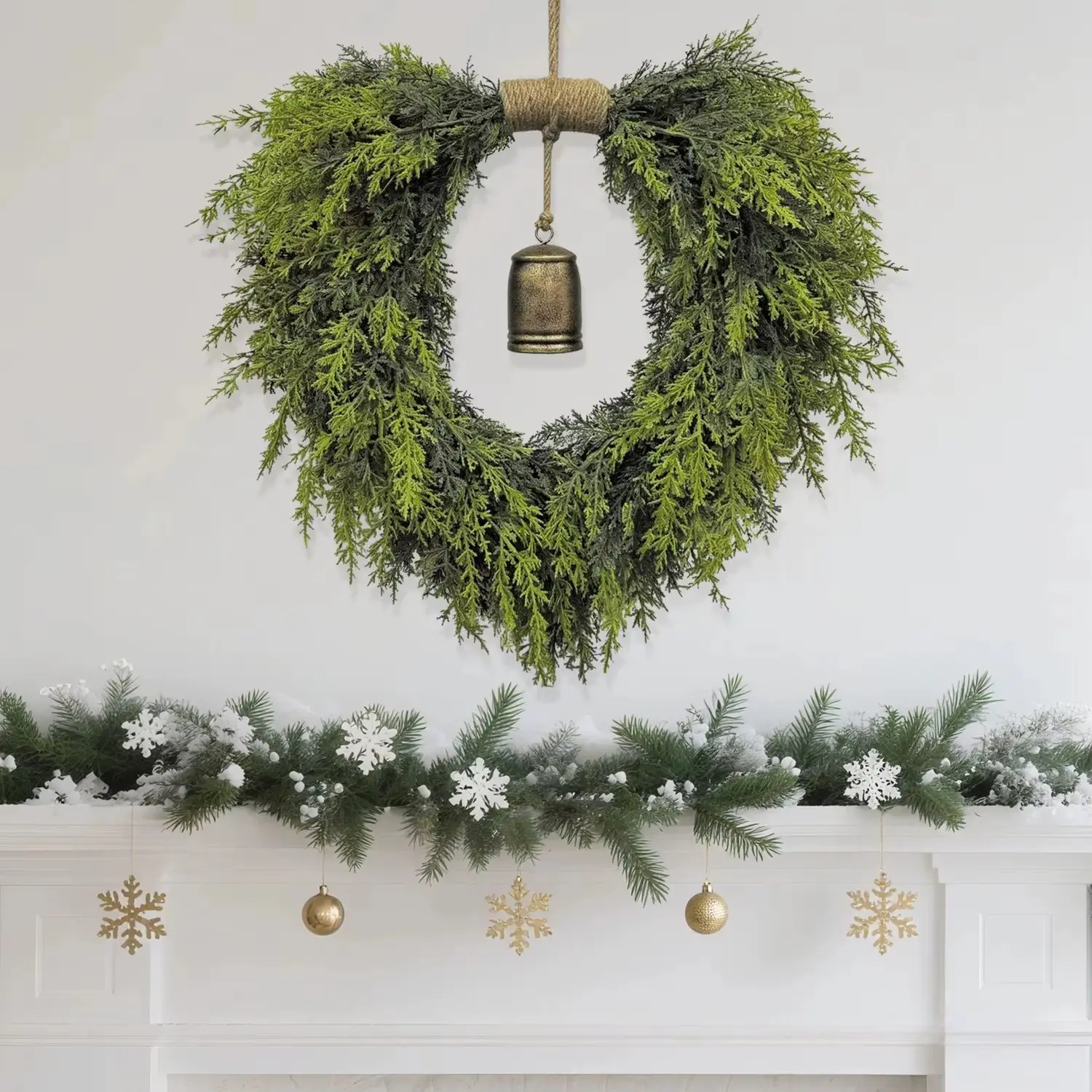 Heart-Shaped Front Door Wreath, Artificial Greenery with Vintage Metal Bell, Waterproof Cypress Foliage, Christmas Decor for Indoor/outdoor