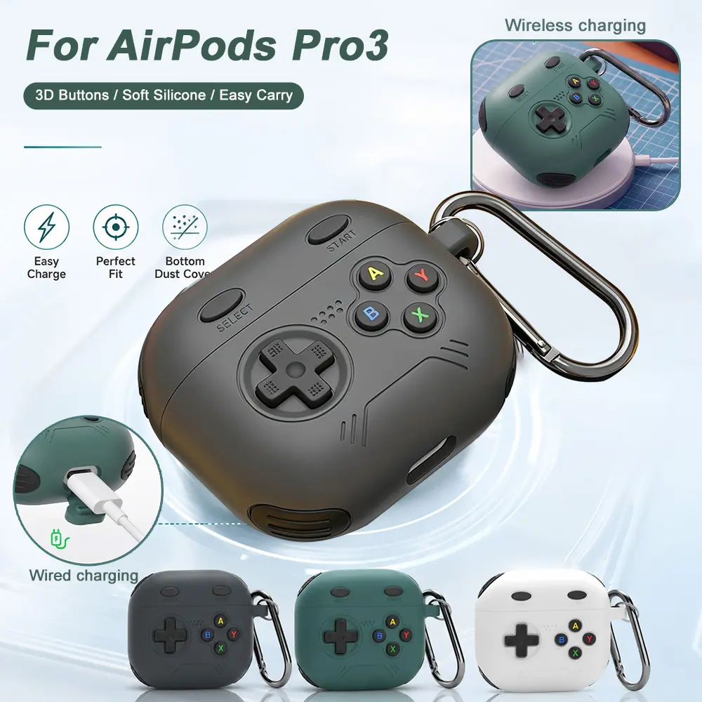 Fun Cartoon Game Silicone Case for AirPods 4 with Carabiner Clip.
