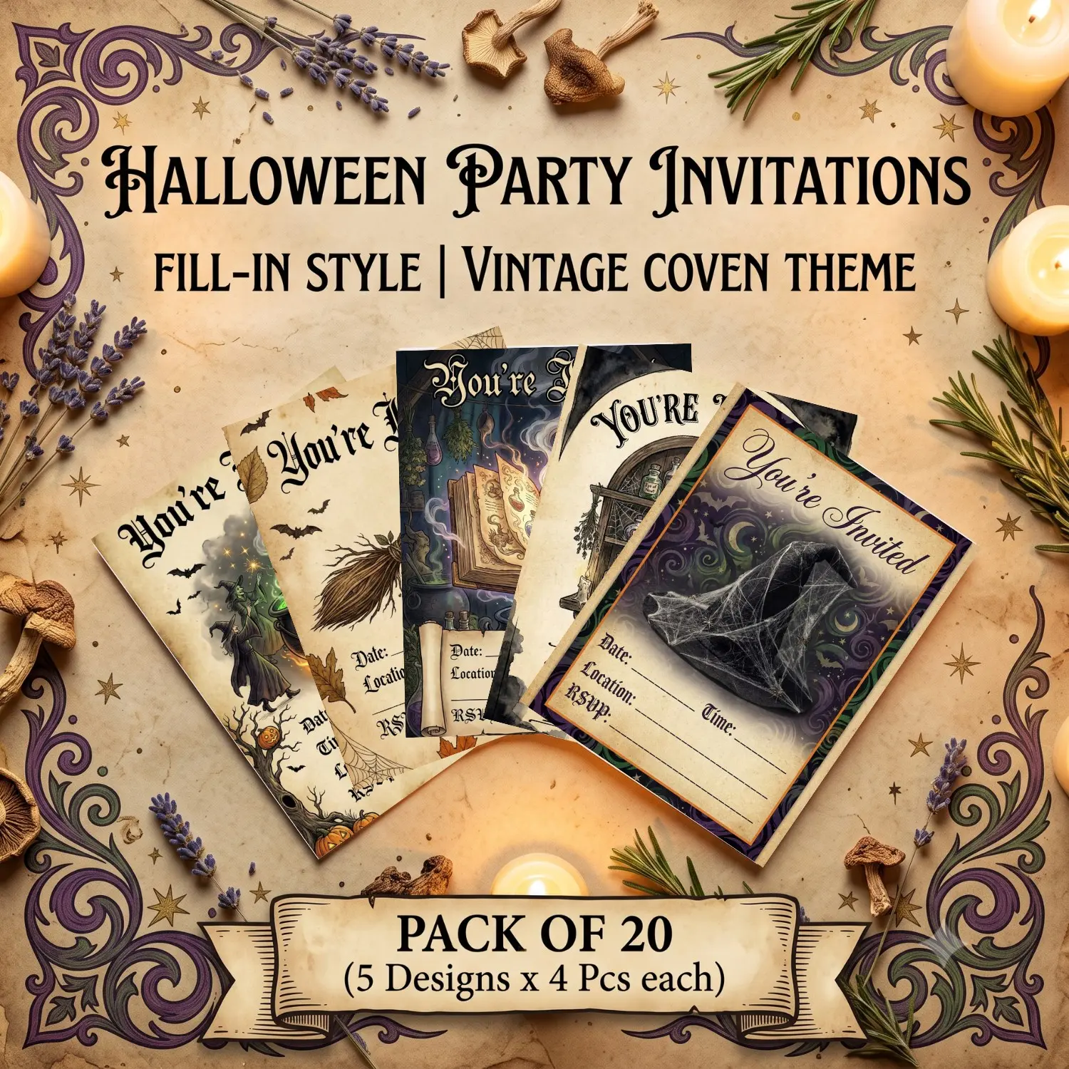 Witches' Coven Halloween Party Invitations Set, 20 Pack 5x7 Inch Fill-In Cards with Envelopes, Perfect for Spooky Celebrations