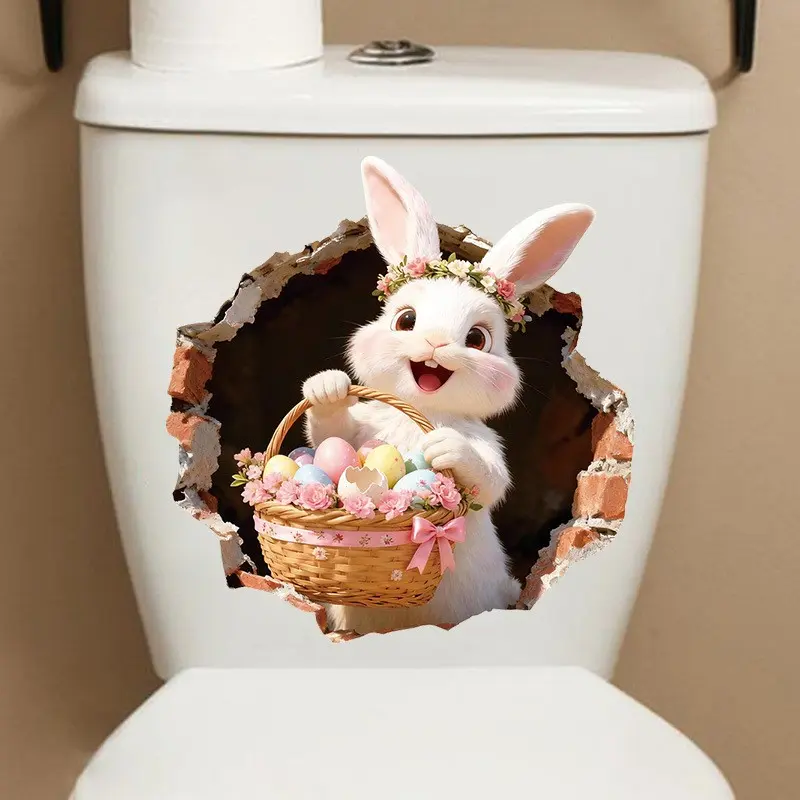 Easter Bunny Toilet Sticker, PVC Self-Adhesive Hole Repair Cute Egg Wall Decal Window Sticker, Easter Cute Rabbit Decoration