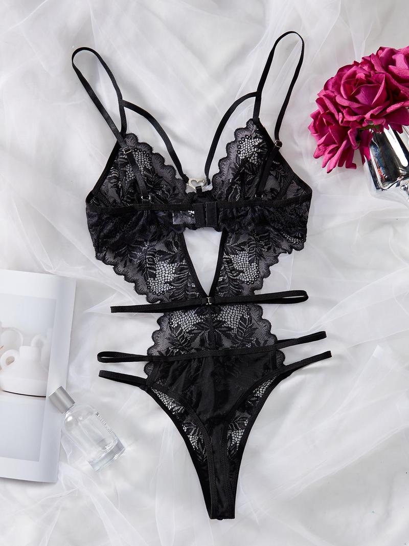 Women's Solid Cut Out Sheer Lace Lingerie Bodysuit, Fashion Comfy Sexy Breathable Push Up Bodysuit for Daily Wear, Women Sexy Lingeries for All Seasons, Lingerie Lace Nightwear, Underwear, Soft Lingerie