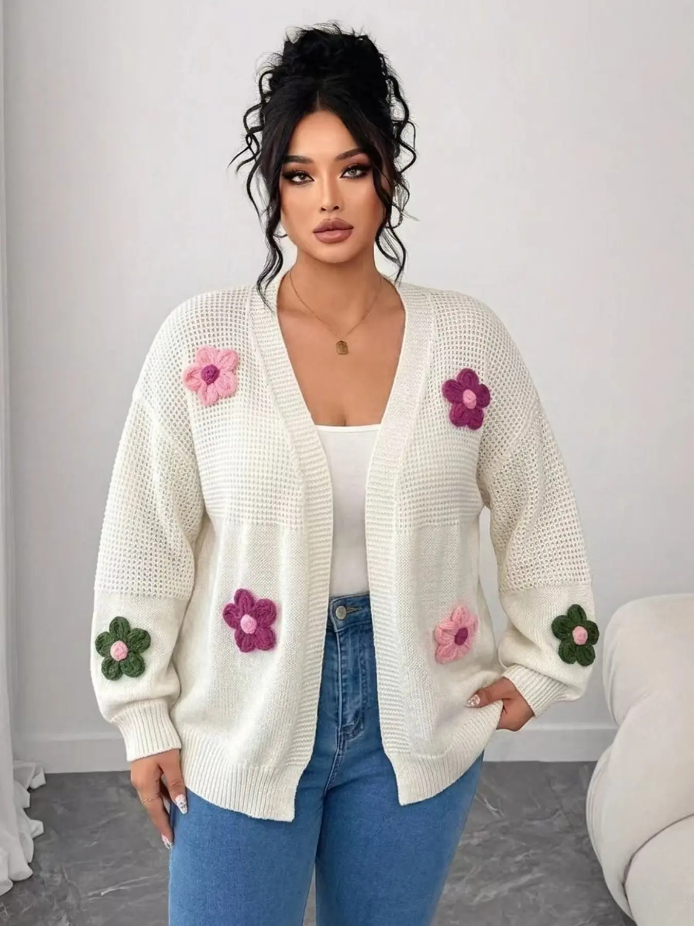Plus Size Floral Flower Decor Drop Shoulder Cardigan, Casual Long Sleeve Open Front Knitwear for Fall & Winter, Women's Plus Clothing for Daily Wear