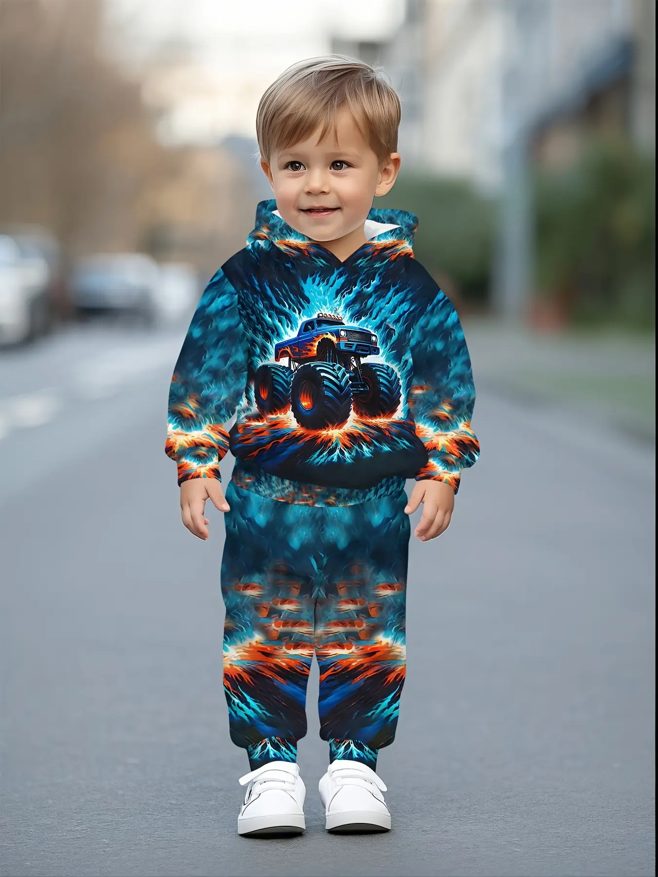 Boys' Hooded Sweatshirt Set, Cool Flame Car Pattern Print, Stylish Outdoor Sports Casual, Fall & Winter Fitted Suit