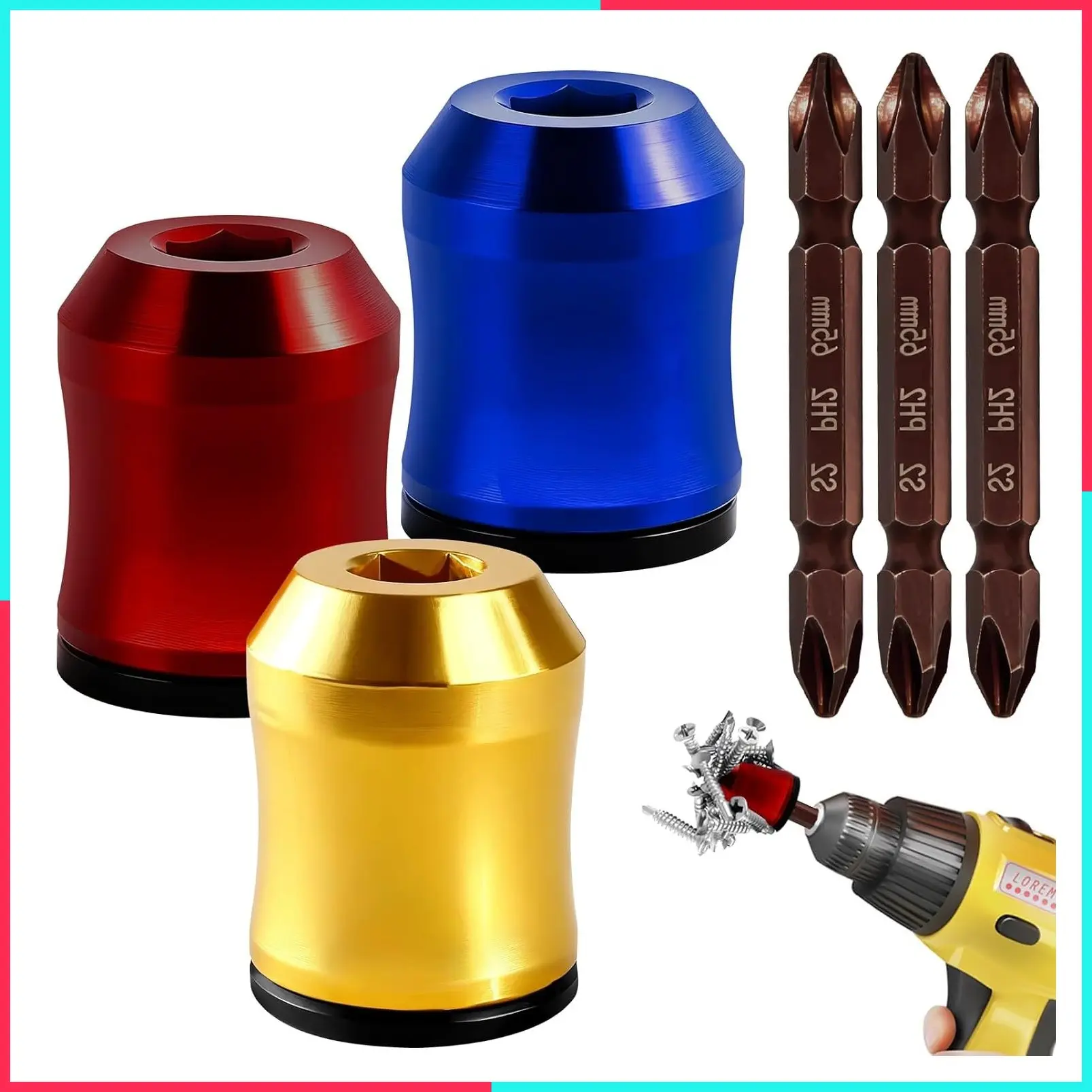 3Pcs Magnetic Screwdriver Head Ring with 3Pcs PH2 Screwdriver Bits, Removable Universal Bit Holder for Hex Screwdrivers & Power Drills, Alloy Screw Holder Set for DIY Repair