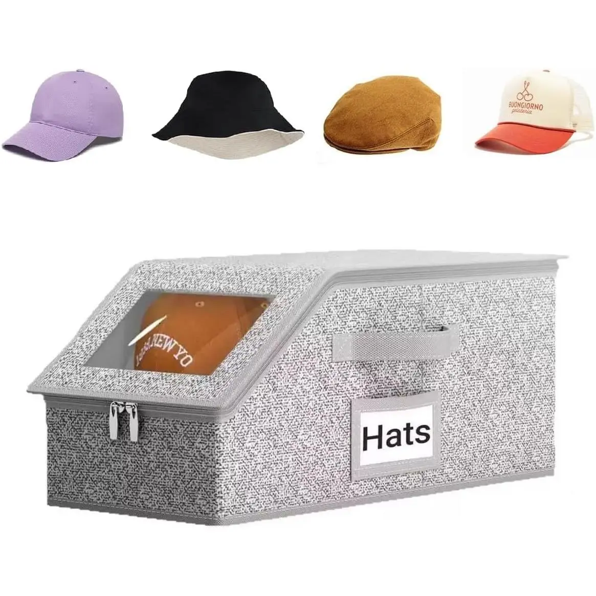 Gray Household Smooth Stackable Hat Storage Box, Closet Storage for Shelf, Holds Up to 12 Baseball Caps, 2-Way Zipper, Reinforced Base, 1 Pack