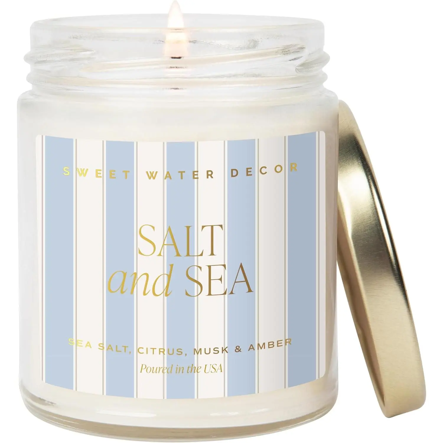 Salt and Sea Patterned Candle – Soy Candles with Sea Salt, Citrus, Musk, Amber Aroma– 40 Hour Burn – 9oz Clear Glass Jar – Ocean Summer Candles for Home DecorGift.