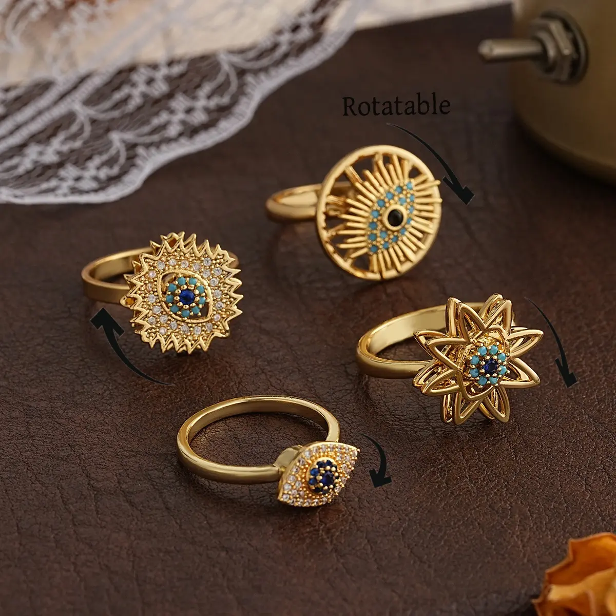 New Arrival European American Evil Eye 360° Rotatable Ring for Women, Copper Real Gold Plated Blue Zircon Adjustable Open Band Anxiety Fidget Statement Jewelry Gift