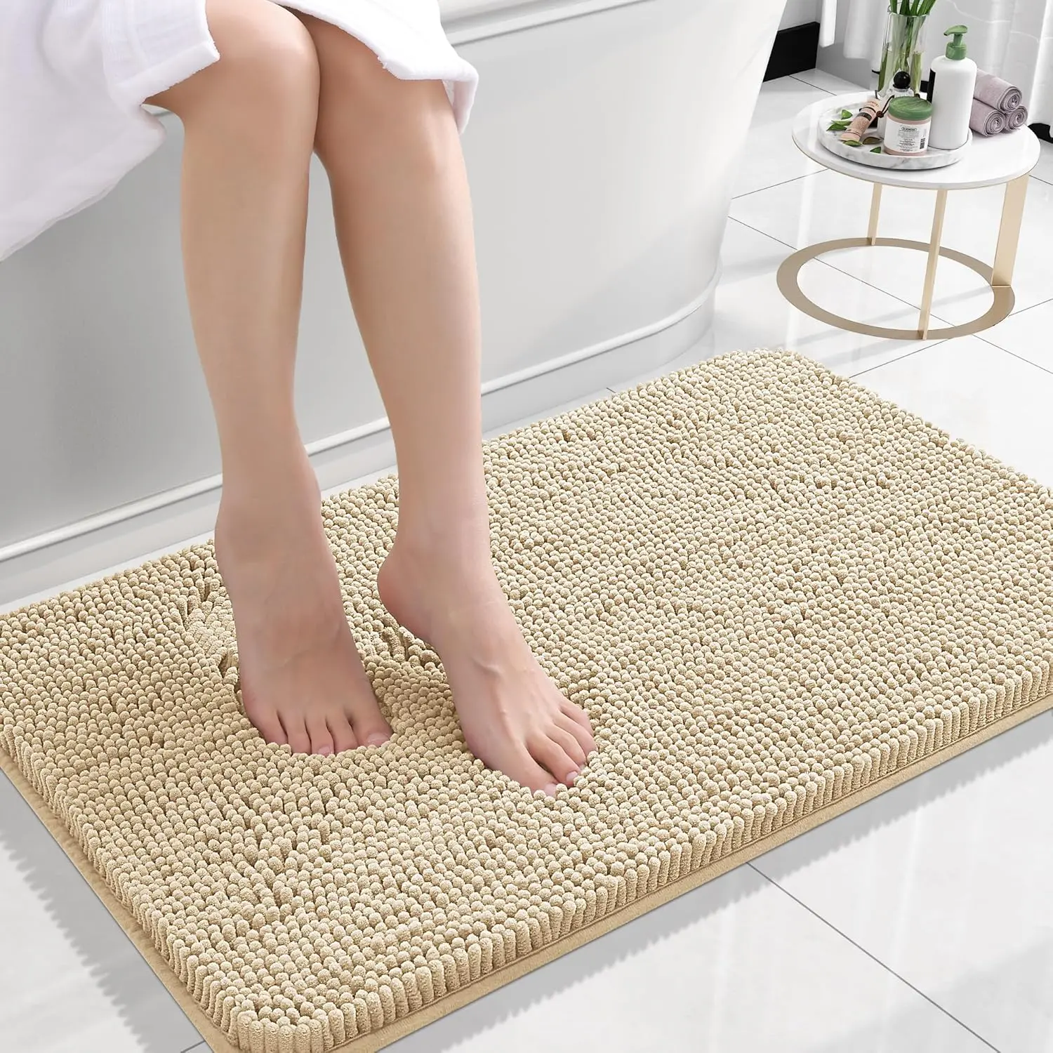24x16in Small Chenille Bath Rugs - Extra Soft, Absorbent, Quick Dry with Rubber Backing, Machine Washable Daily Bath Mats for Bathroom Floor, Indoor Recreation Home Decor Accessories, Beige