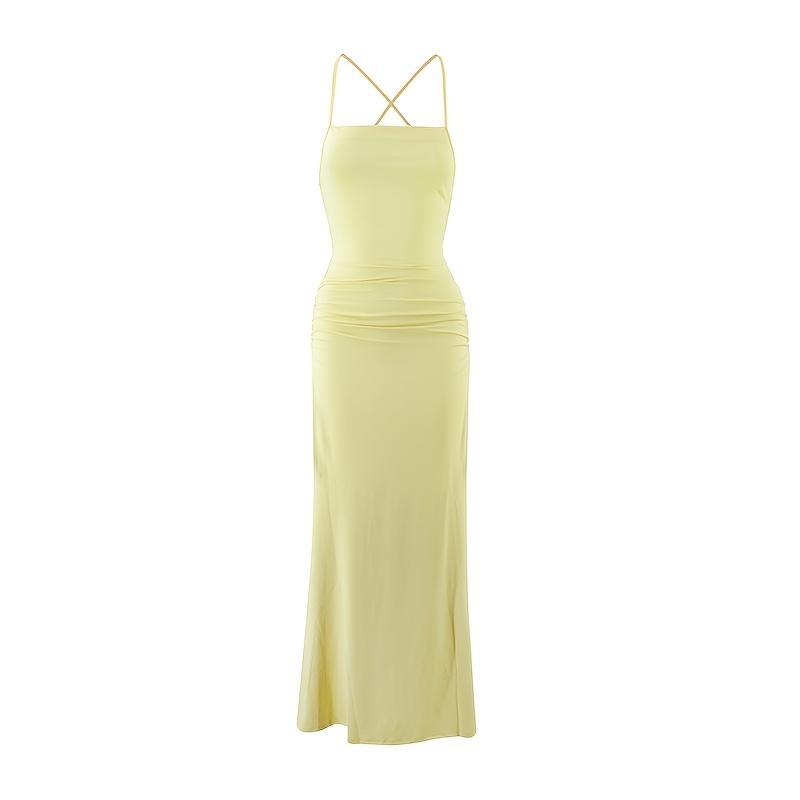 SYHAN 2026 Latest A Stunning And Alluring Yellow Spaghetti Strap Dress Featuring a Crisscross Back, Designed to Fit Perfectly. This Elegant And Sexy Outfit Is Ideal for Dates, Parties, And Vacations sorority formal