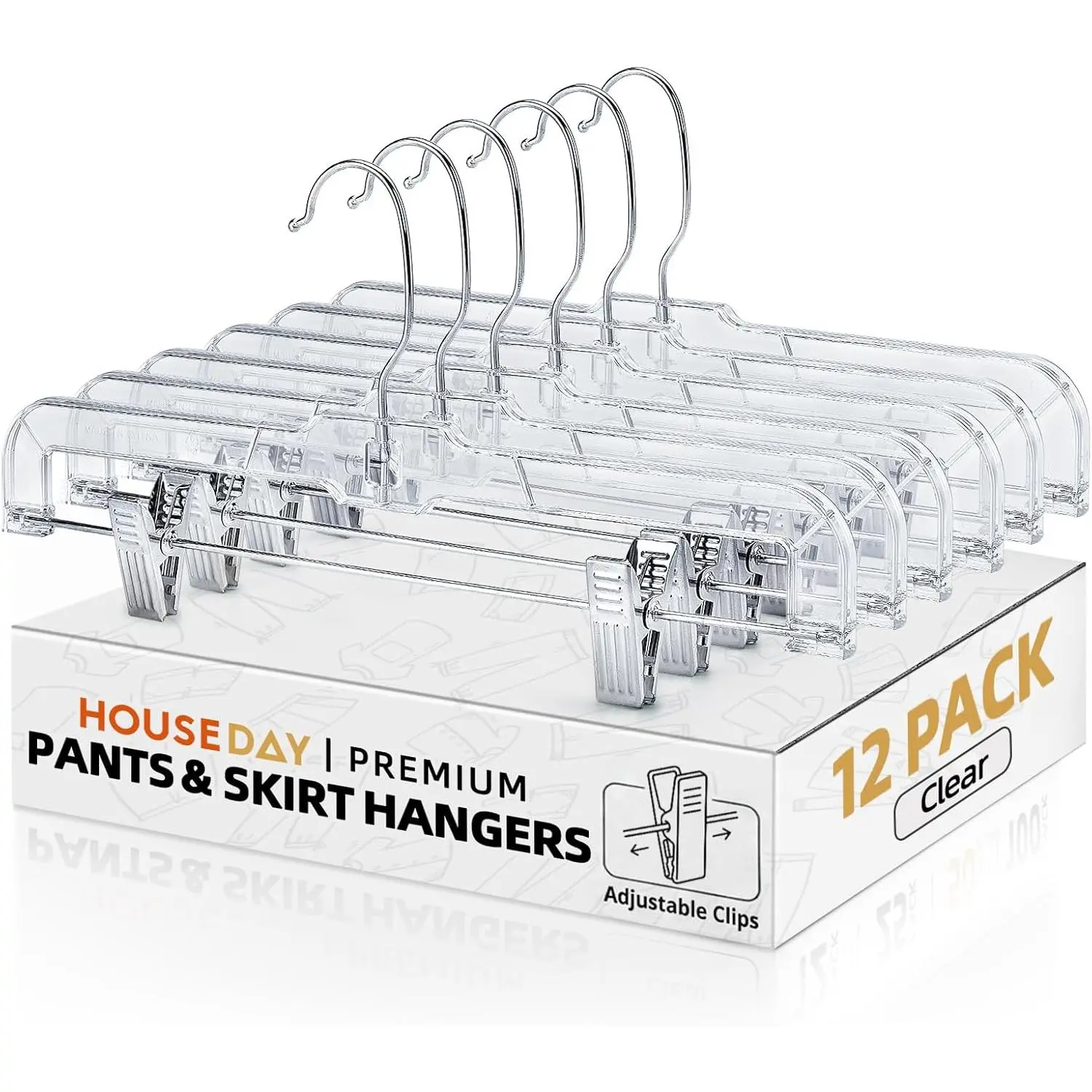 12 Pack 14 inch Clear Plastic Skirt Hangers with Adjustable Clips, Pants Hangers 360-Rotating Swivel Hook, Clip Hangers for Pants, Trousers, Skirts, Jeans, Bulk Plastic Hangers