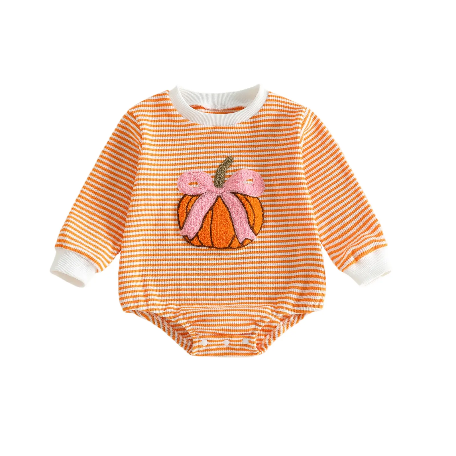 Baby Girl Halloween Outfit Pumpkin Bow Long Sleeve Striped Bubble Romper Bodysuit Onesie Sweatshirt Infant Newborn Fall Winter Clothes