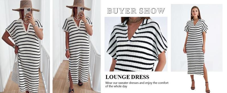 Imily Bela Womens Striped Summer Dresses Short Sleeve V Neck Knit Collared Sexy Slit Loose Maxi Sweater Dress