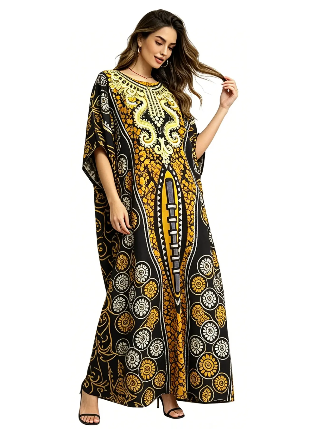 Ethnic Style Vintage Geometric Print Loose Long Robe, Middle East Dubai Travel Wear, Casual Outerwear, Beach Cover-Up, Lazy Wind, Exotic Aura, Home Robe with Headscarf, Chic