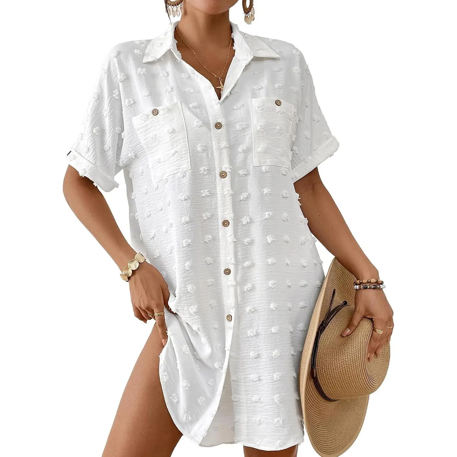 Swimsuit Coverup for Women Swiss Dot Bathing Suit Swimwear Button Down Beach Shirt Cover Up Resort WearGift