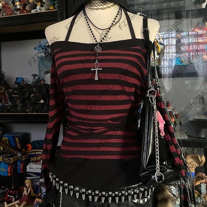 Fashion Stripe Harajuku Rock Gothic  Knitted sweater Unique Spicy Girls Punk Top Wintertime Streetwear One shoulder Sweater