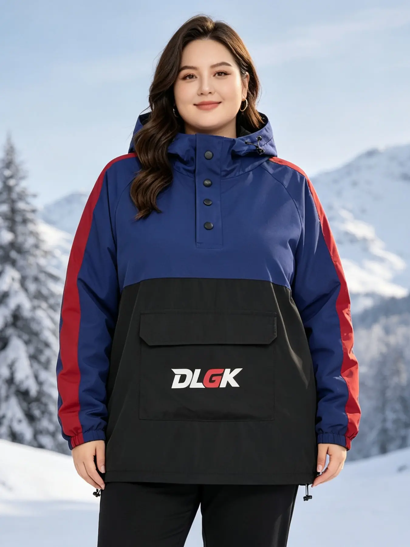 DLGK Women's Plus Size Color Block Windbreaker Jacket - Hooded Half Snap Pullover Anorak with Kangaroo Pocket, Casual Outdoor Coat for Hiking Travel Camping Commute, Spring Fall Outerwear
