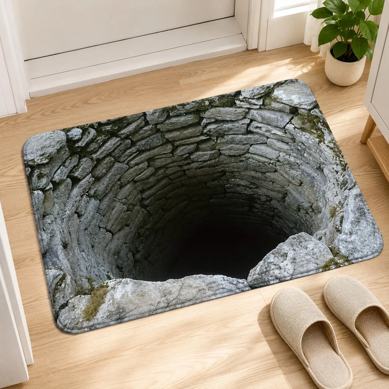 3D Optical Illusion Stone Well Door Mat, Washable Deep Pit Floor Mat, Novelty Entryway Rug for Bedroom, Living Room, Kitchen & Bathroom