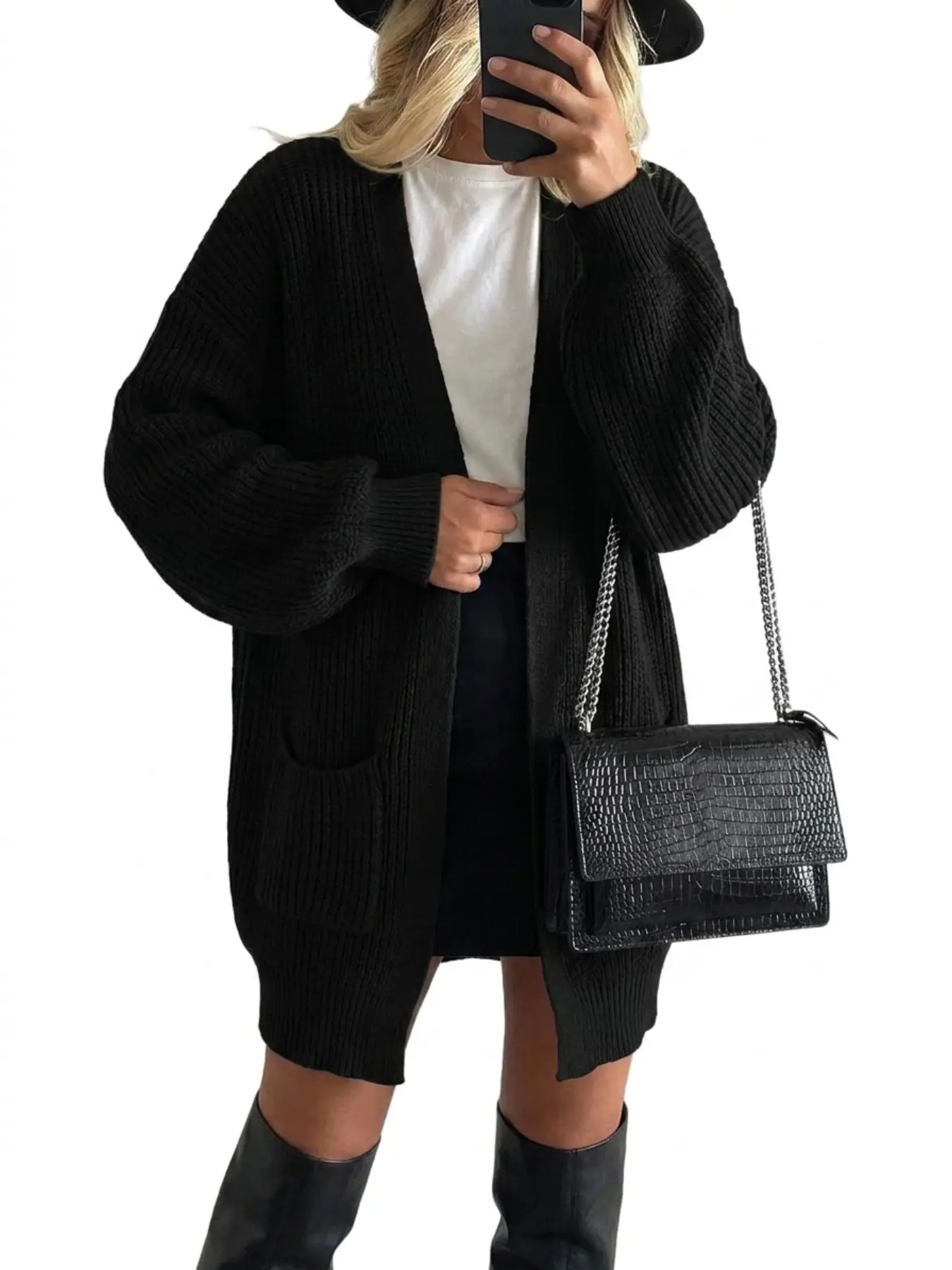 Women's Knit Cardigan Coat, Soft Comfortable Knitted Fabric, Loose Medium-Length, Front Opening, Long Sleeve, Pocket Details, Fall Winter Fashion
