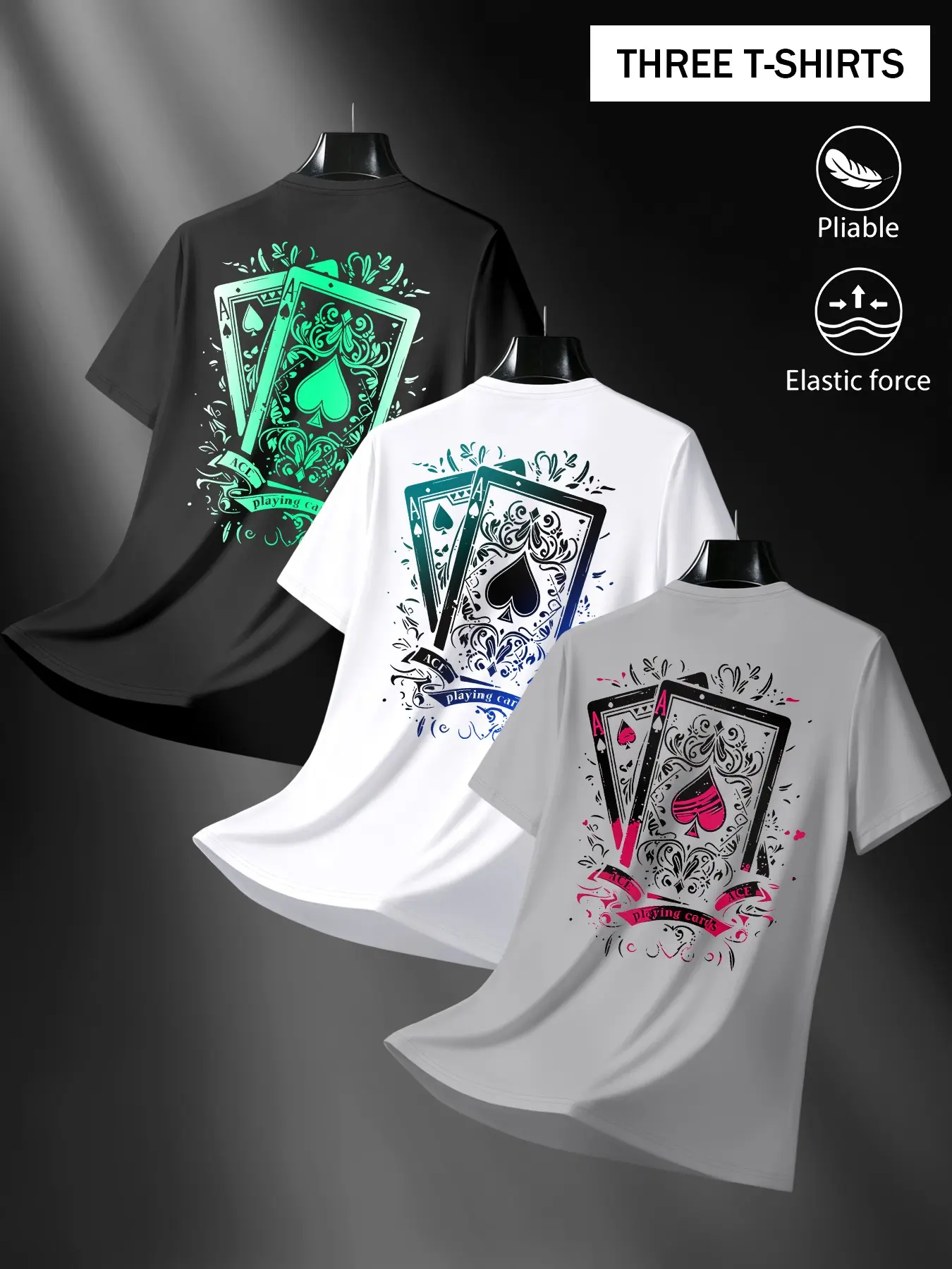 Summer Poker Print Short Sleeve Round Neck T-Shirt 3-Pack, Ace of Spades Design, Men's Versatile Sporty Top, High Value Half-Sleeve Shirt, Casual Athleisure Tee