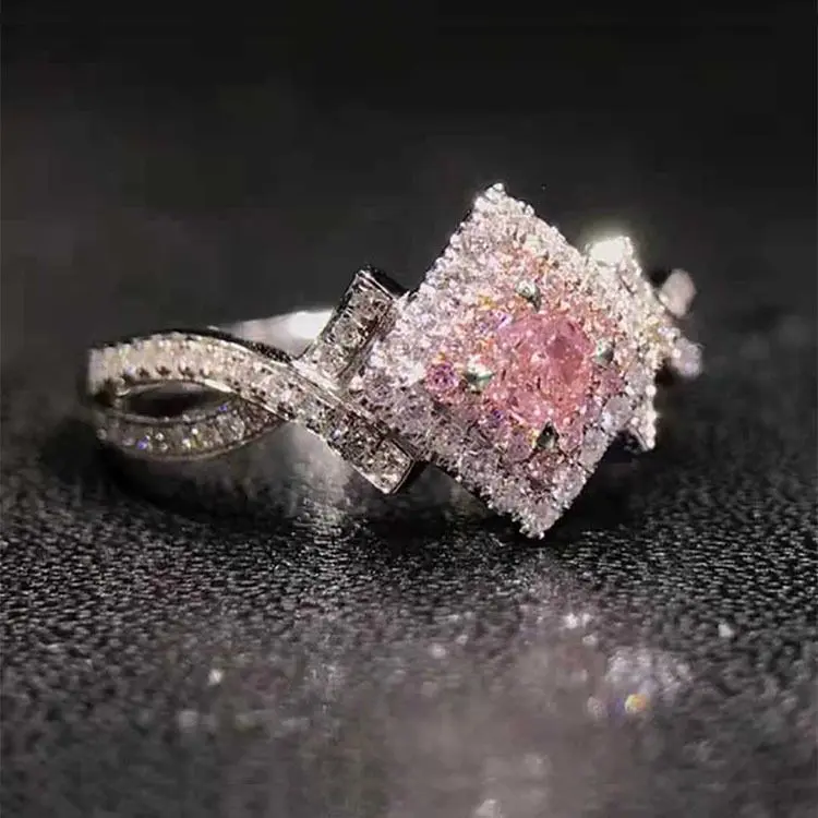 Romantic Pink Cushion Cut Ring Halo Diamond Style Silver Tone Twisted Band Sparkling Promise Ring for Women Cute Engagement Jewelry