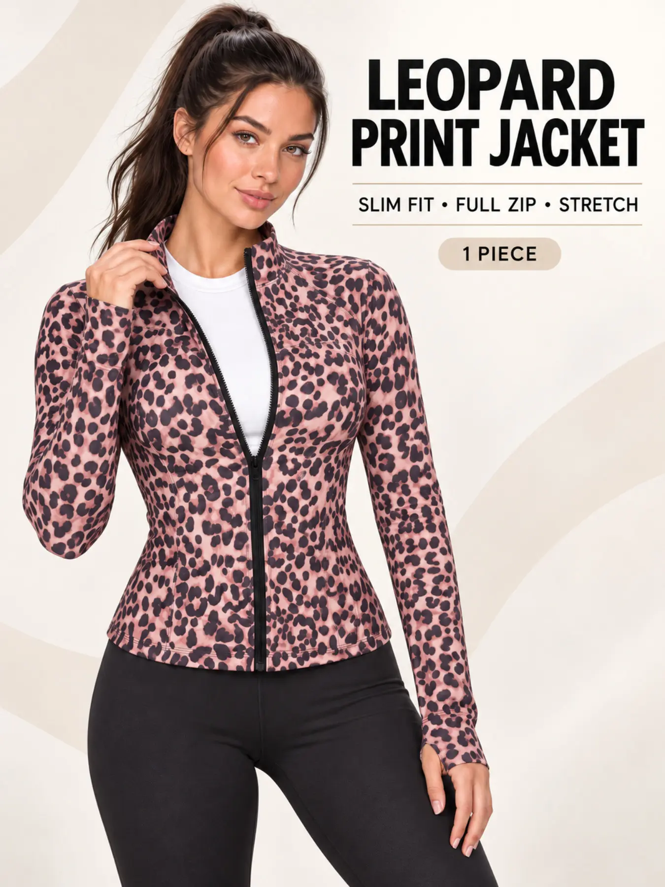 Women’s Leopard Print Full Zip Workout Jacket, Slim Fit Long Sleeve Stand Collar Athletic Activewear Top for Gym, Yoga & Casual Wear, Yoga Jackets