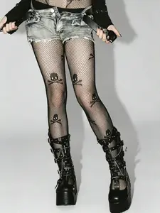 Women's Skull Print Fishnet Stockings, Sheer Gothic Punk Y2K Style, Casual Fitted Natural Waist, Perfect for Halloween