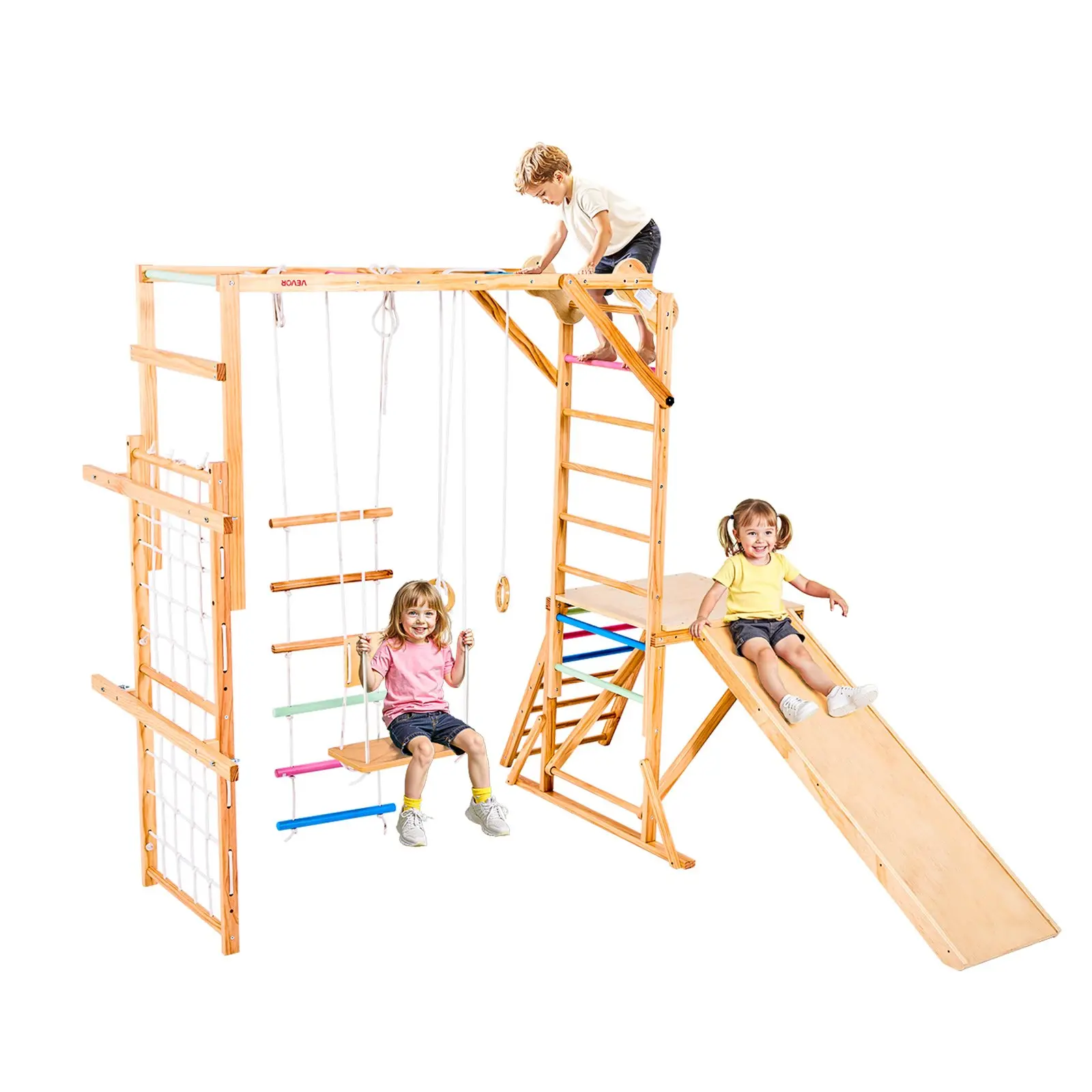【toolupgrade】VEVOR Indoor Playground Jungle Gym, 8-in-1 Wooden Indoor Playground Playset, 220LBS Loading Montessori Climbing Toys with Swing, Slide, Monkey Bar, Gym Rings, Wooden/ Rope Ladder, Climbing Net Bar