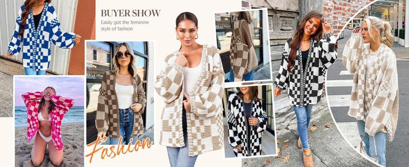 Imily Bela Womens Checkered Sweater Color Block Plaid Cardigans Oversized Long Sleeve Knit Open Front Coat