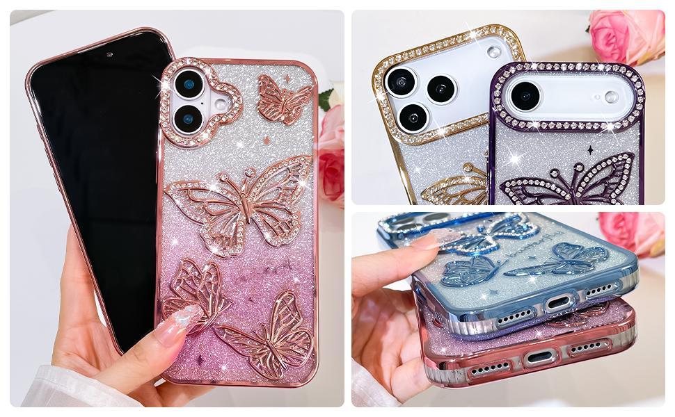 OREKROY Cute 3D Butterfly Pattern Plating Glitter Bling Case for iPhone 17 Pro Max 17 Air 17 Pro 16 15 14 13 12,Camera Protection Sparkly Slim Soft Back Cover for Women Girls