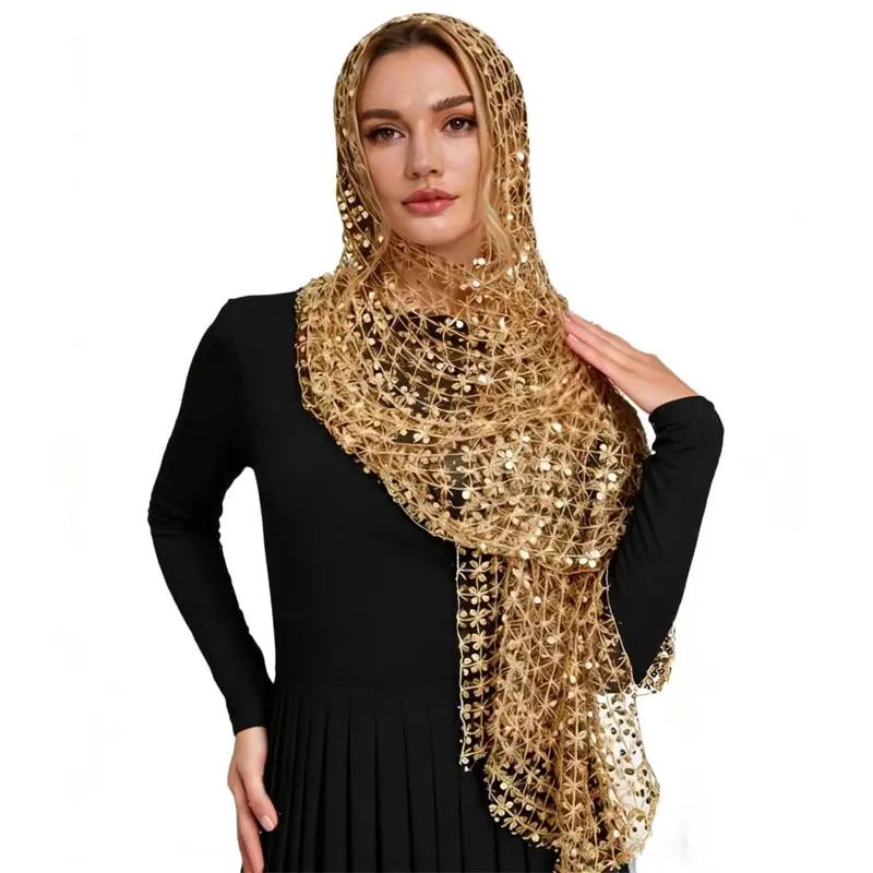 Women's Ethnic Sequin Scarf - Shiny Hollow Embroidery Design, 50x160cm, 114g, Lightweight Glamorous Black Gold Accessory for Party Wear & Casual Daily Use