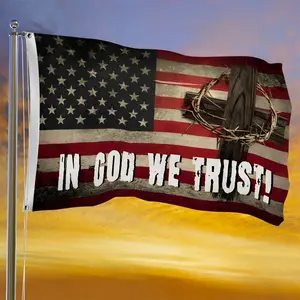 In God We Trust American Flag - Patriotic Christian Banner with Wooden Cross & Crown of Thorns, 2*3ft & 3*5ft, for Religious & Home Yard Decor