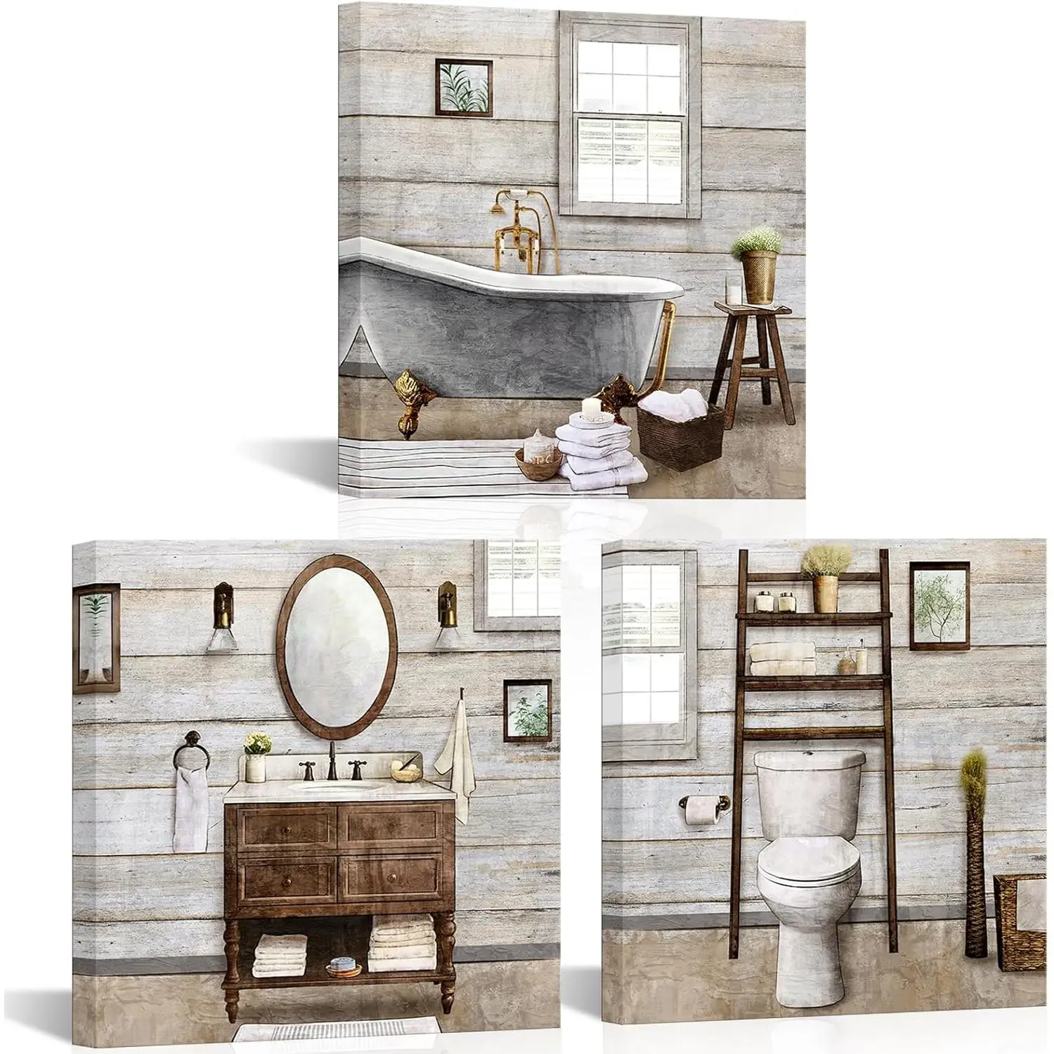 3-Piece 12x12in Framed Wood Canvas Farmhouse Wall Art, Brown Home Supplies Wall Decor with Hook for Bathroom Hanging, Nursery Accent