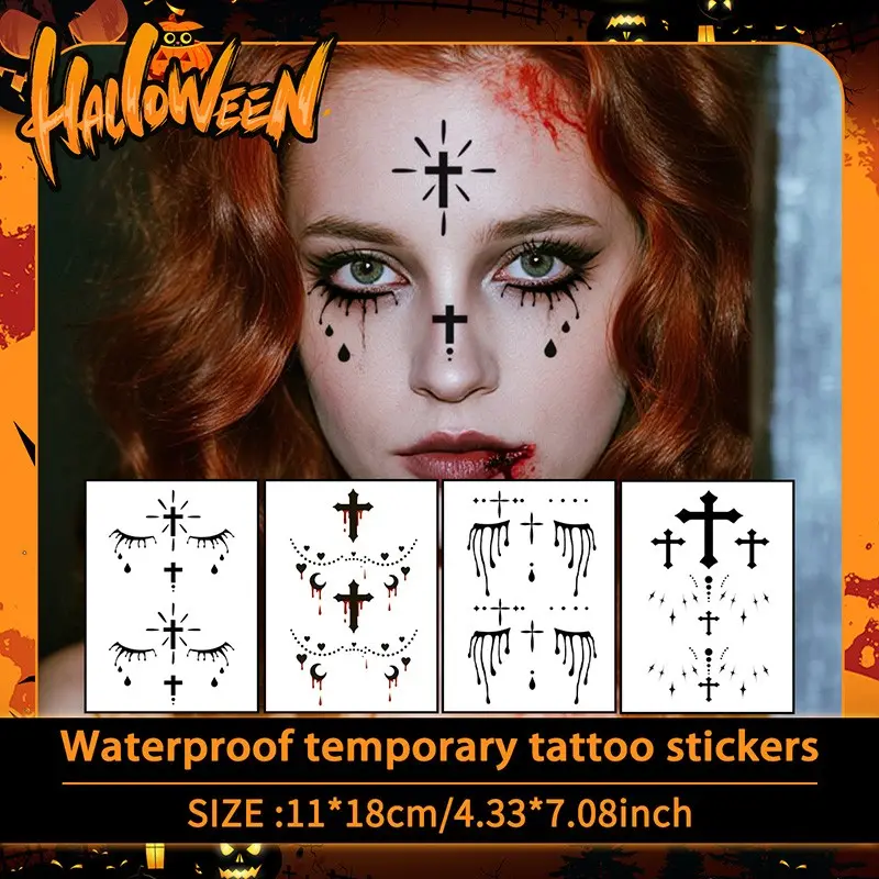 Halloween Gothic Cross Eye Makeup Blood Tear Temporary Tattoo Stickers, Waterproof Long-Lasting, Suitable for Face, Neck, Hands, Legs, Fake Tattoos