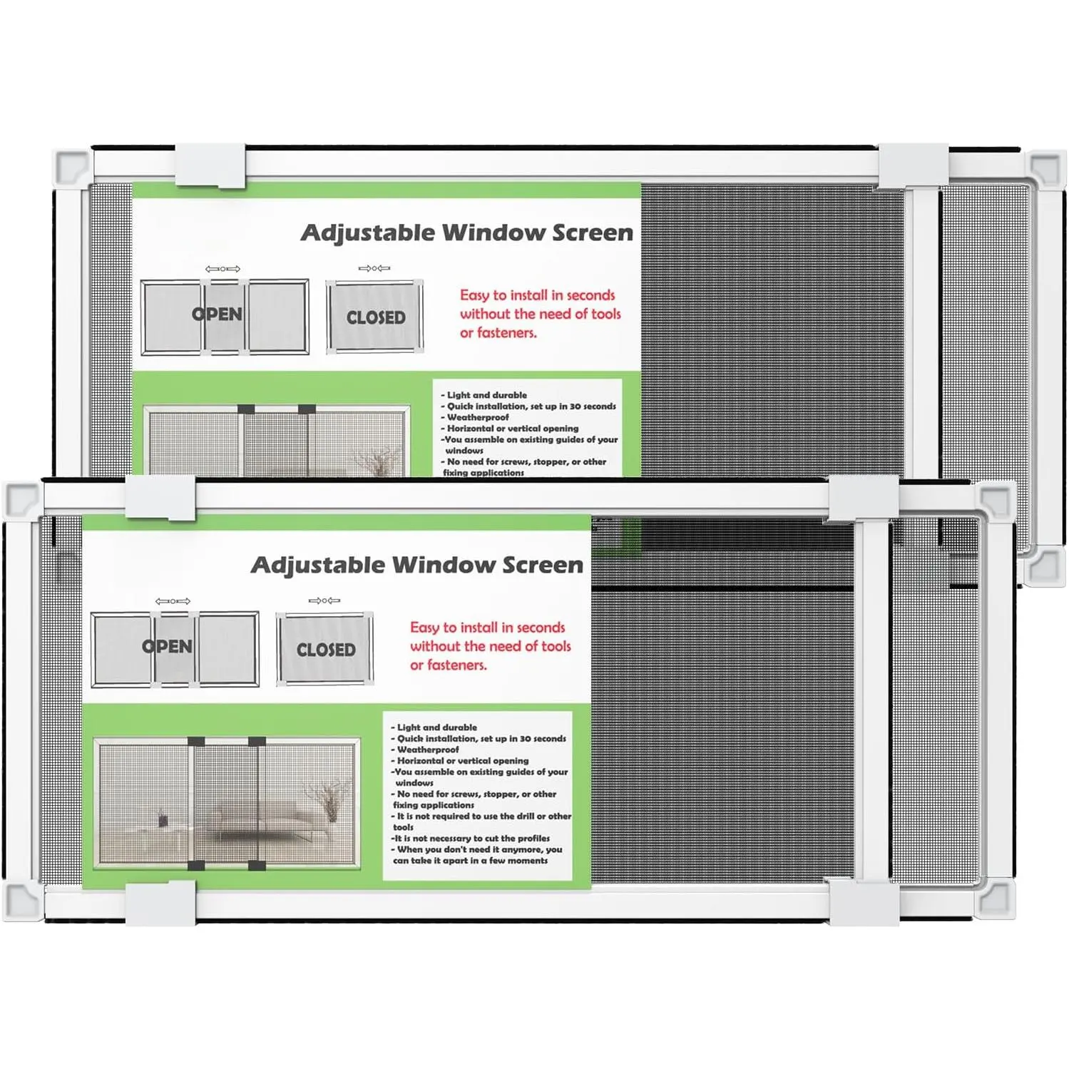 2-Pack Adjustable Window Screen Replacements for Hung Windows, White Expandable Horizontal Sliding Screens, 10" H x 19-36" W with Black Fiberglass Mesh (Removable), 2-Packs