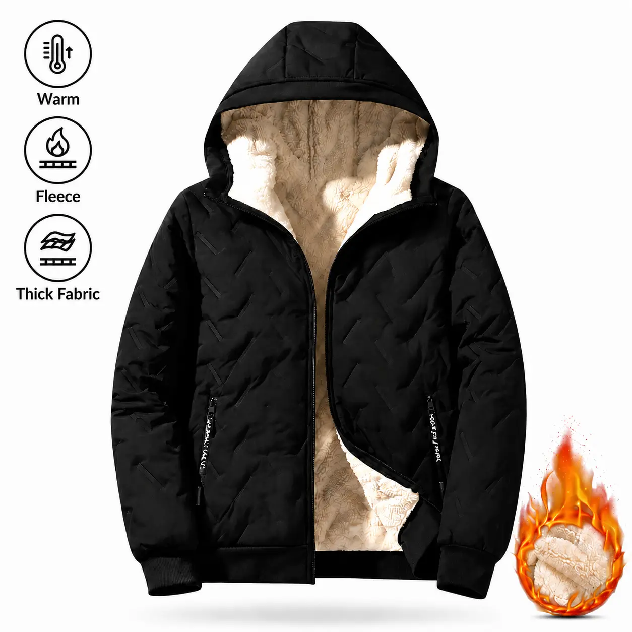 Men's Geometric Bomber Jacket, Heavyweight Fleece-Lined Winter Coat with Sherpa Hood, Windproof Long Sleeve Streetwear, Coats, Longsleeves, Hooded