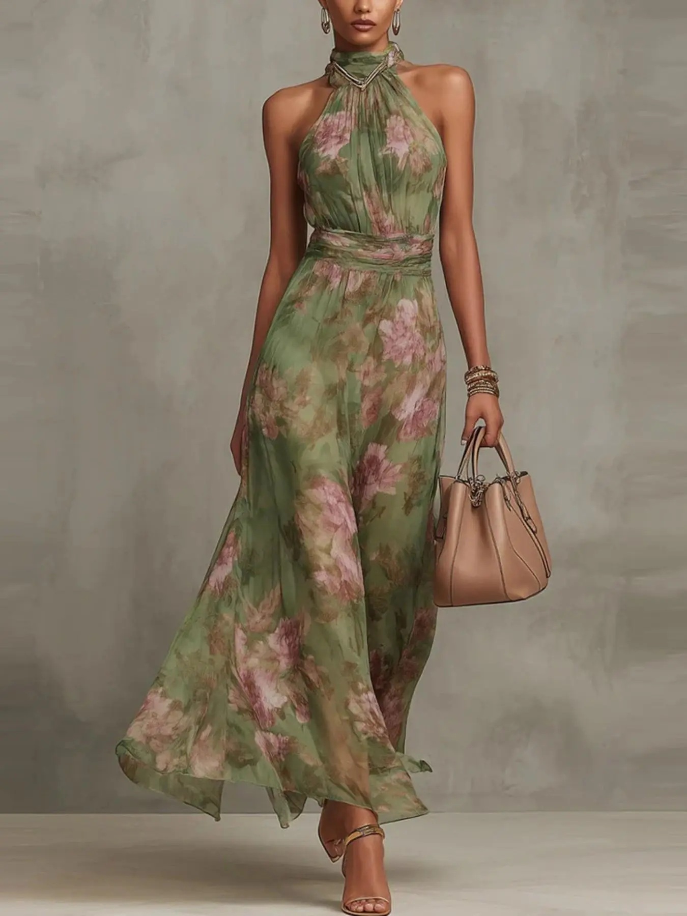 2026 Summer New French Print Floral Sexy Ruched Halter Mesh Dress, High-End Chic Formal Versatile Elegant Retro Waist Cinch Midi Dress, Suitable for Office, Casual Outing