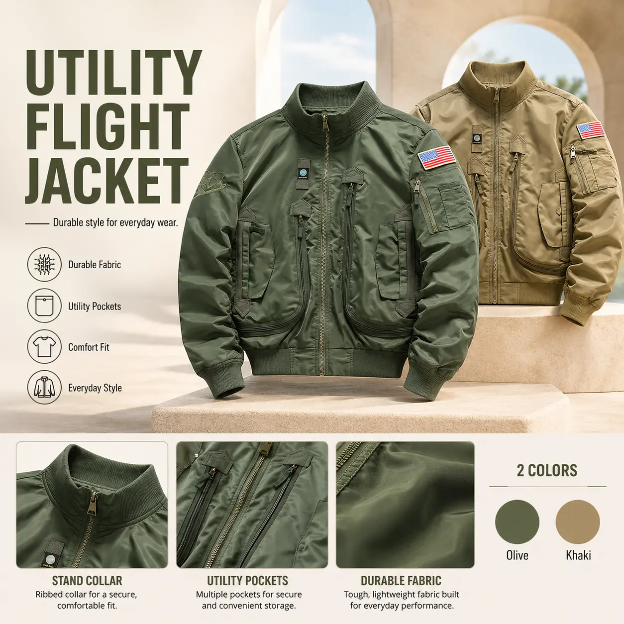 Military Flight Bomber Jacket Men Multi Zipper Pockets Rib Collar Retro Street Wind Coat