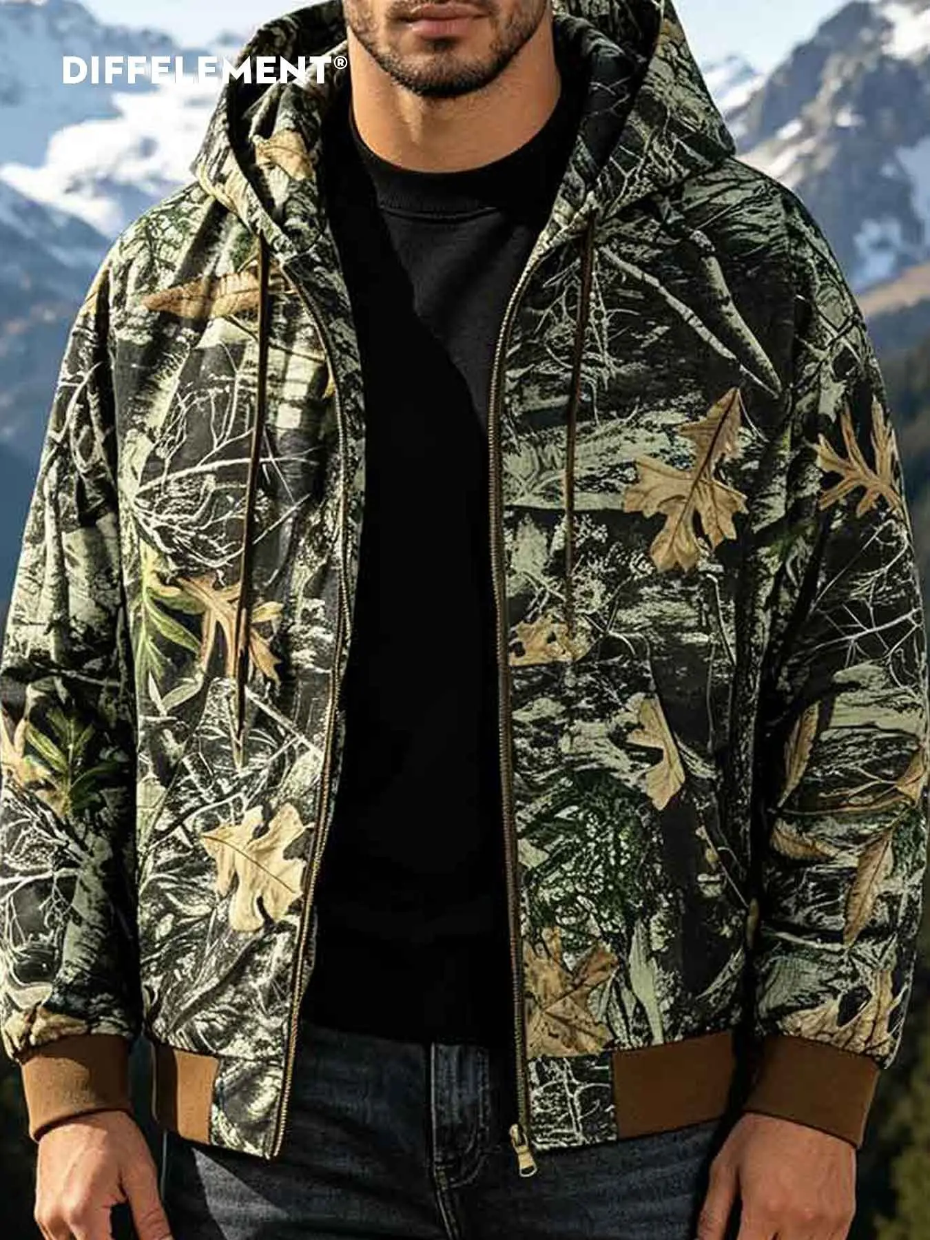 Men's Camouflage Hooded Jacket, Casual Windproof Wrinkle-Resistant Wearable Coat, Drawstring Ribbed Hem, Fall Winter Fashion Outerwear