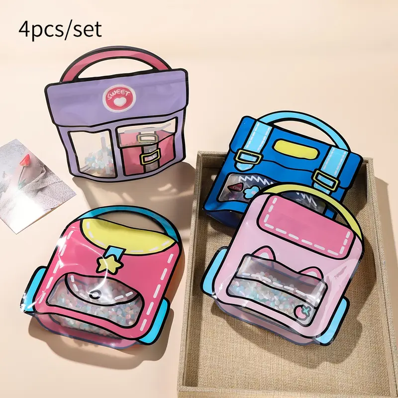 4pcs/set Transparent Ziplock Bags, Backpack-Style Portable Handheld Storage Pouches, Clear Zip Bags Ideal for Jewelry, Candy, Stationery, Gifts and Travel Supplies