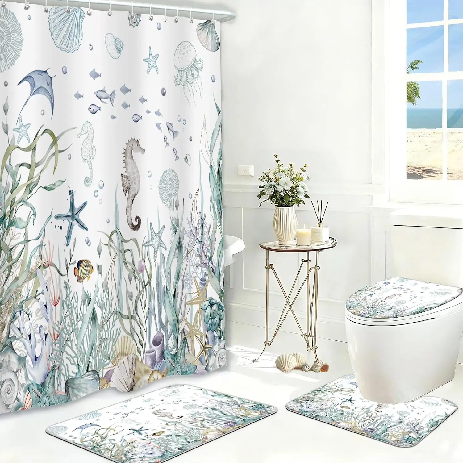 MEHOFOND 4pcs Nautical Shower Curtain Set,Coral Seashell Beach Shower Curtain Set,Starfish Seashell Coral Under The Sea Themed Bathroom Decor with Non-Slip Rugs Toilet Lid Cover and Bath Mat