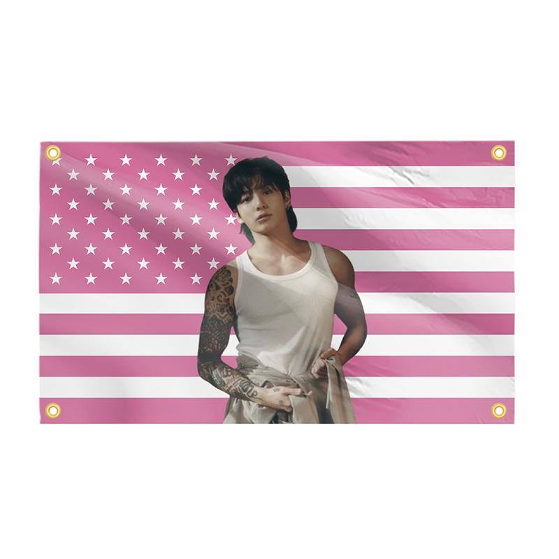 Tapestry Decor Jungkook Pink American Flag Kpop Idol USA Tapestry 3X5 Hanging Banner For Man Cave Bedroom Frat College Room Dorm Decoration