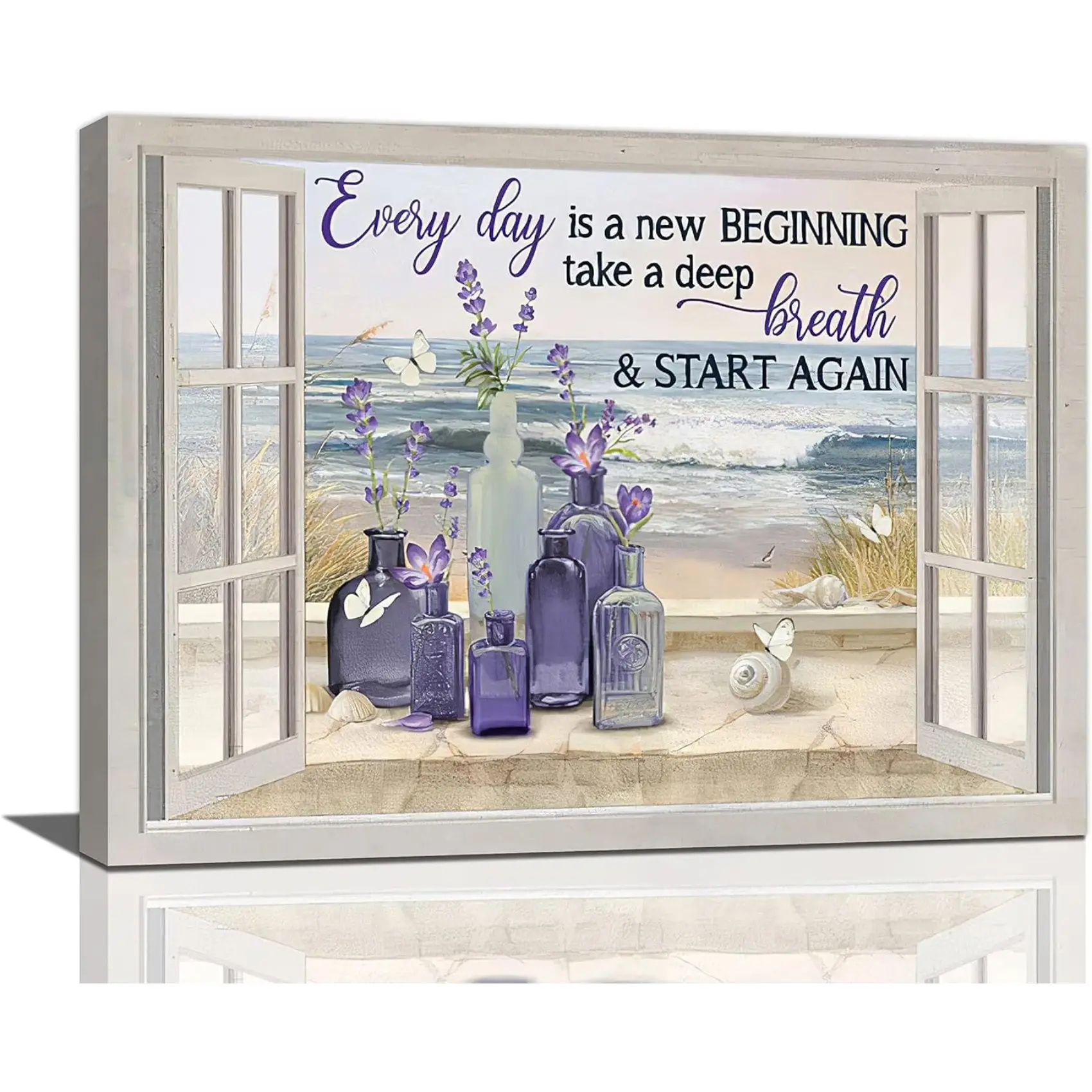 Framed Farmhouse Lavender Flower Wall Art, Rustic Country Butterfly Purple Window Beach Canvas Print - 16"x12" Home Decor for Bathroom, Kid Room - Ideal for Father's Day, Valentine's Day Gifts, Business Sauna Decor