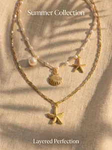 1pc Summer Collection Boho Layered Perfection Double-Layer Gold Necklace with Starfish Shell and Faux Pearl Pendants, Trendy Bohemian Jewelry Gift for Women Girls Tropical Pool Party Beach Vacation Coastalgranddaughter Viral Aesthetic
